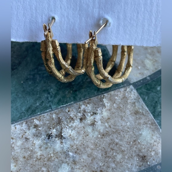 Vintage Monet Bamboo Style Gold Tone Triple Hoop Earrings - Picture 4 of 6